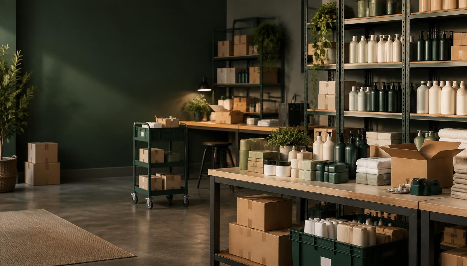 Organized wholesale consumer products, cartons and shelves in a compact picking workspace